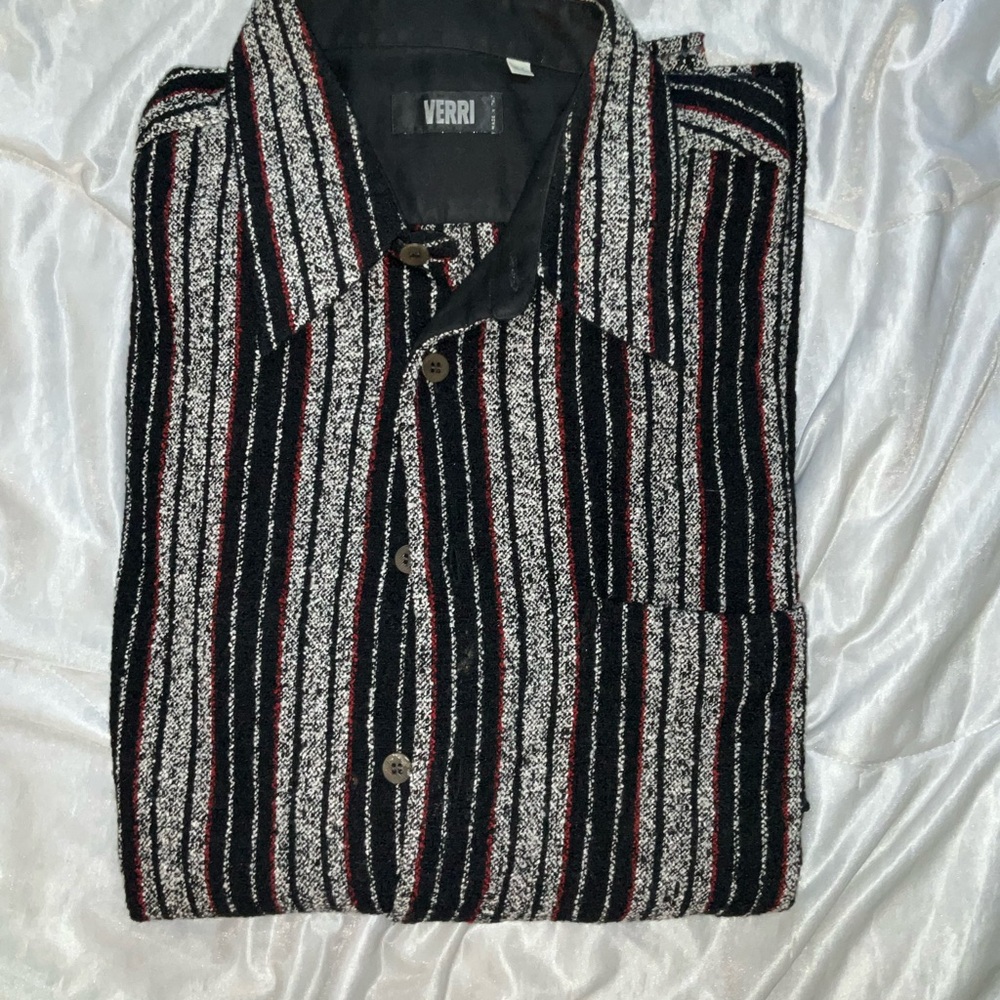 Verdi textured wool and silk Men's Black Striped Button Down Shirt Made in Italy